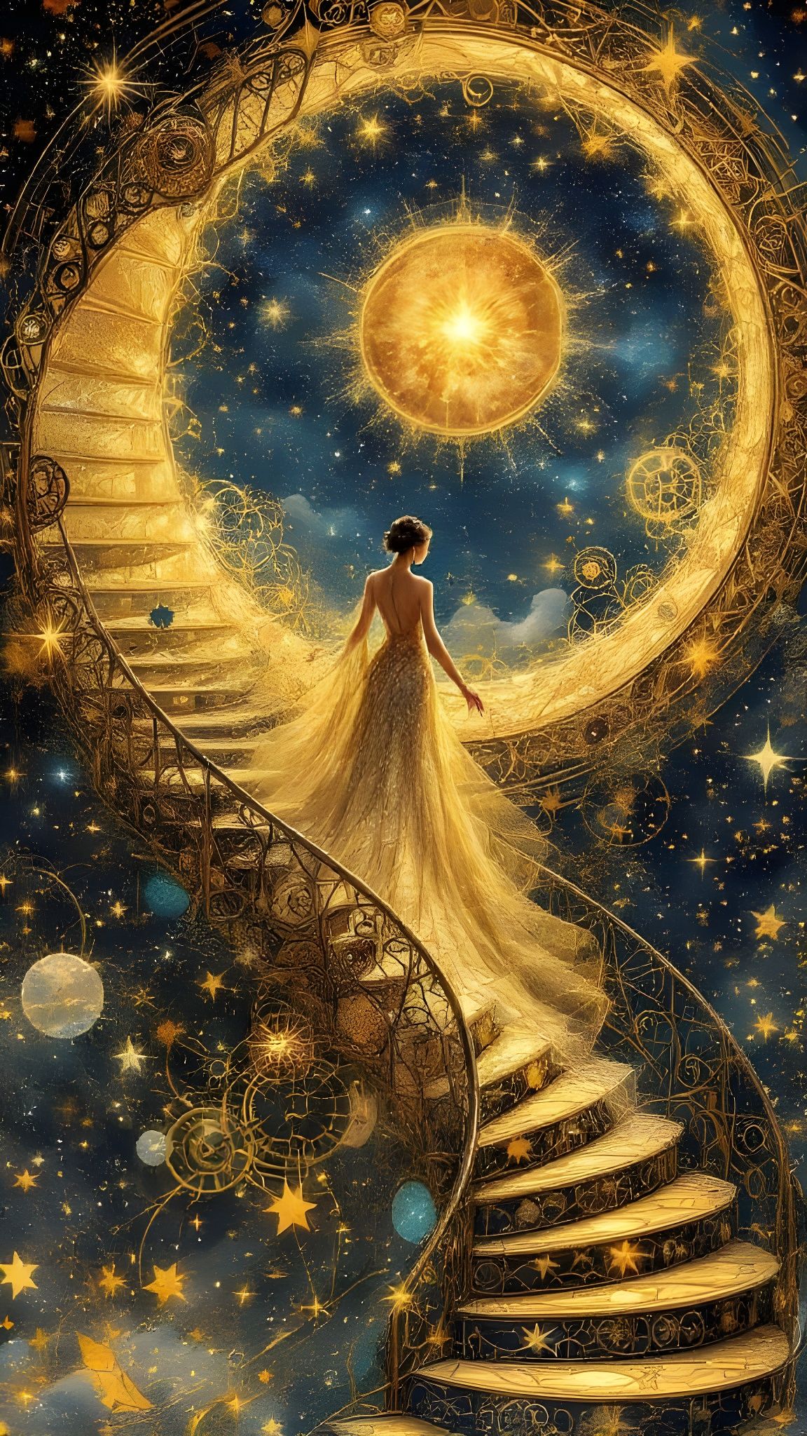 Ethereal Goddess Ascends Golden Spiral Staircase into Celest...