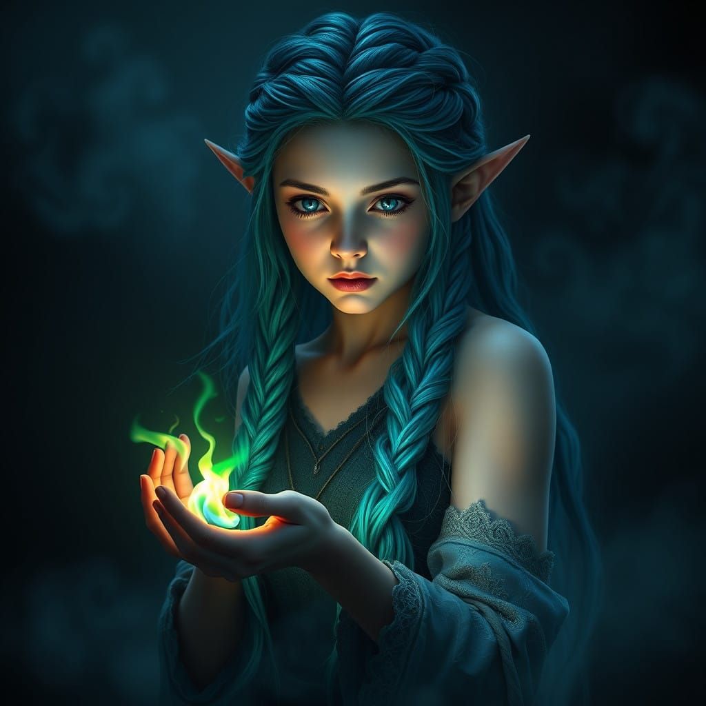 Mystical Elf Maiden with Luminescent Tresses and Radiant Fla...