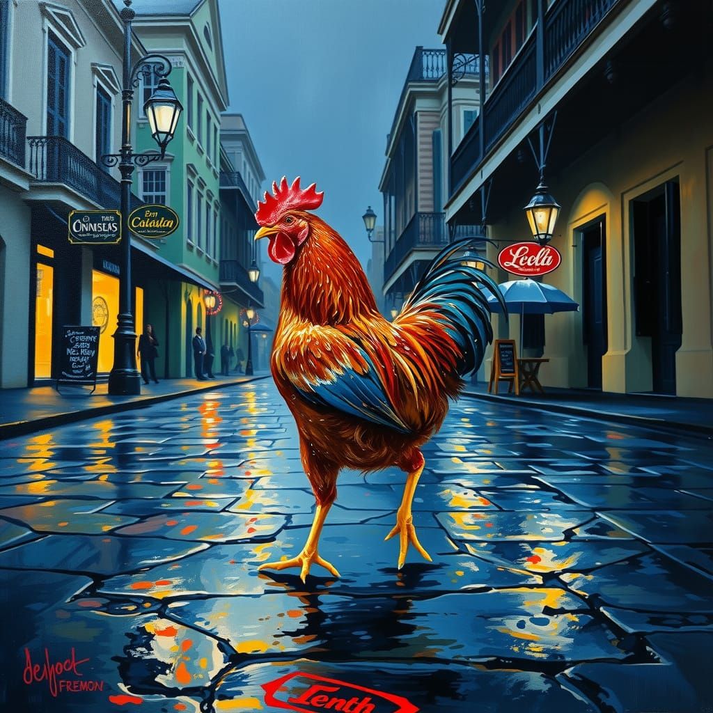 Vibrant Chicken Crosses New Orleans French Quarter Road