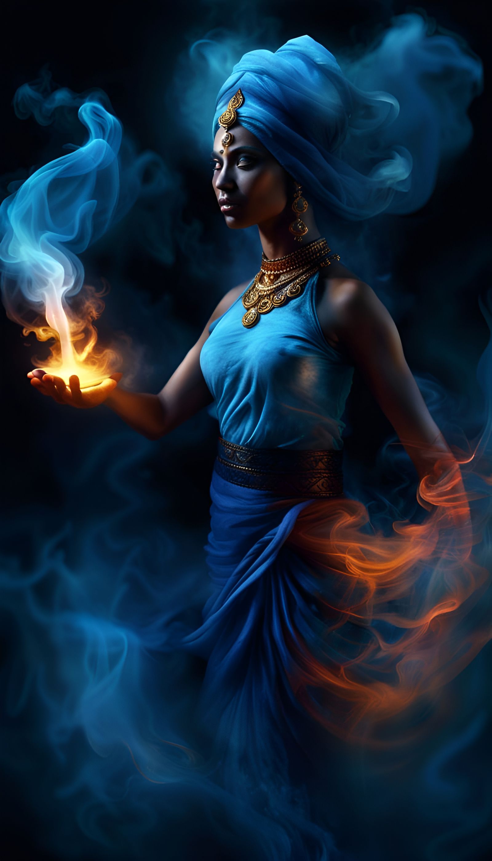 Mythical Female Jinn Emerging from Magic Lamp