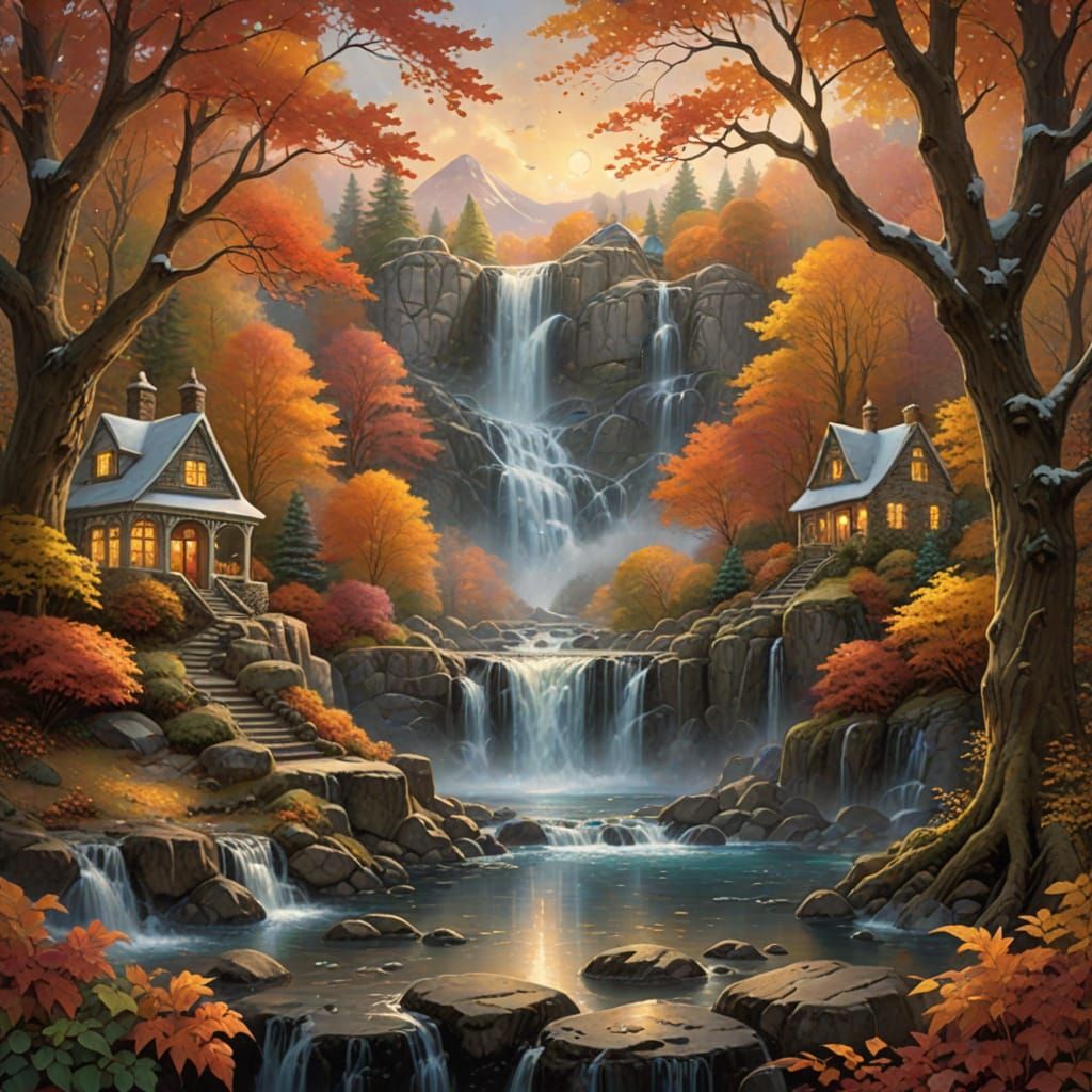 Magical New England Waterfall Snow Globe in Golden Hour