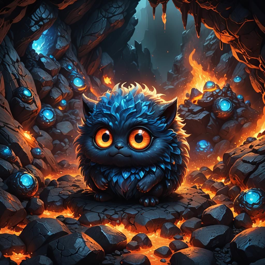 Metallic Blue Fluff in Lava Cave: Fantasy Art