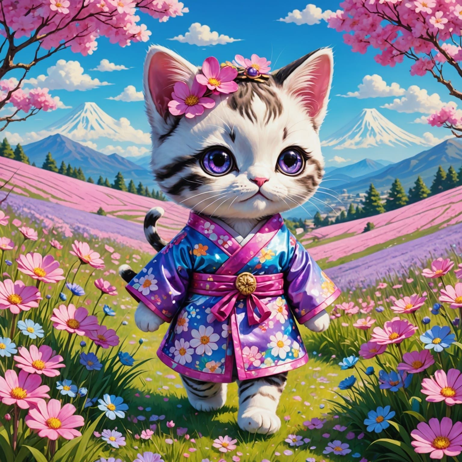 Kawaii Geisha Kitty Strolls Through Whimsical Wildflower Fie...