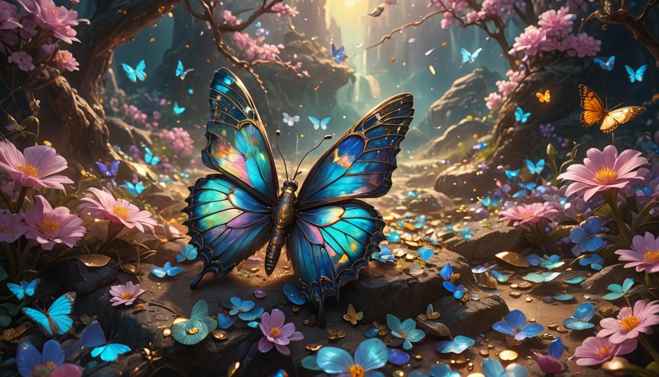 Opal Butterfly Guarding Treasure: Detailed Fantasy Art