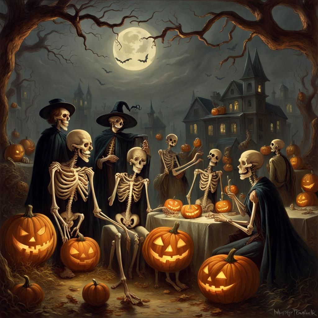 Spooky Halloween Party with Ghosts and Skeletons