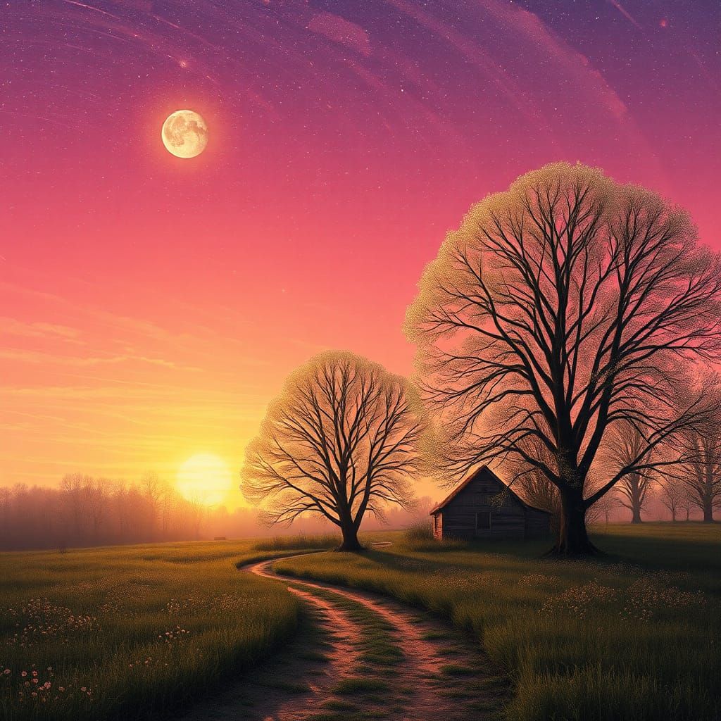 Cosmic Sky with Moon and Golden Light