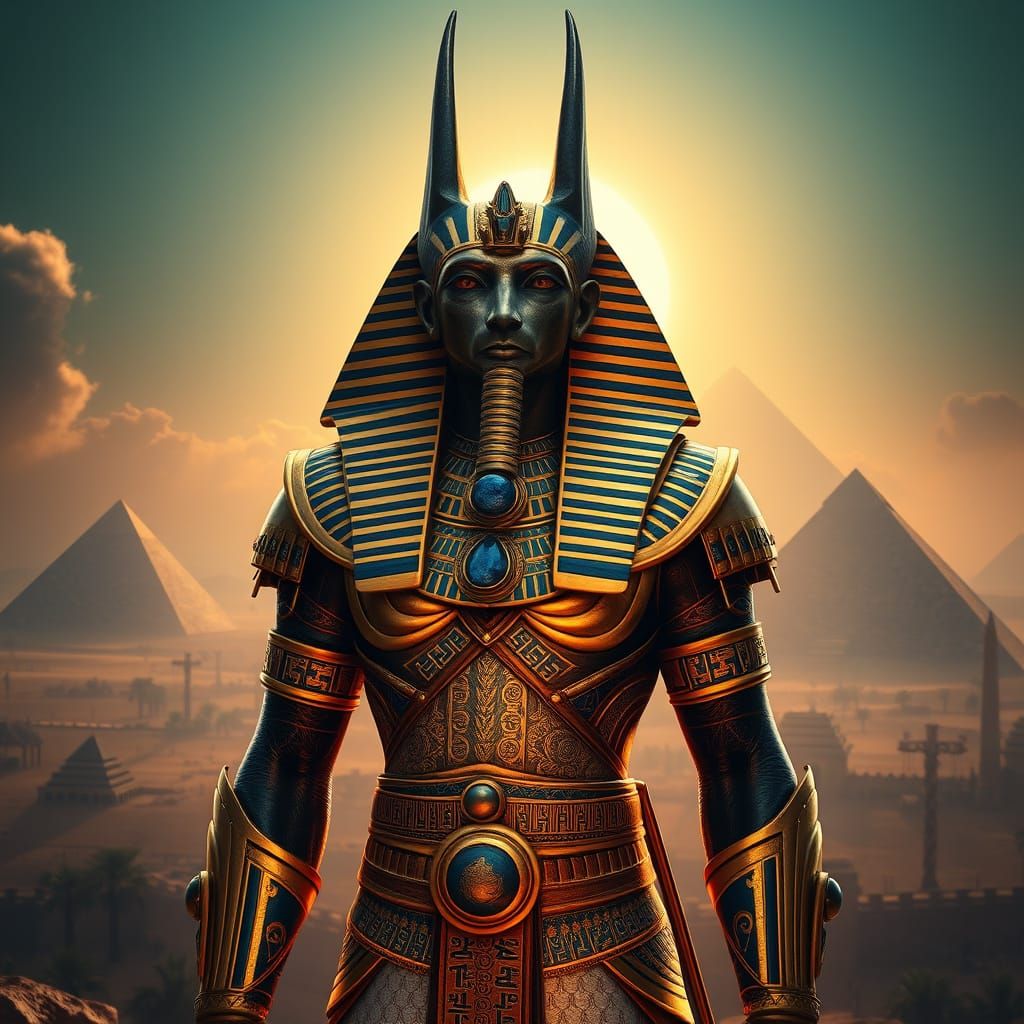 Egyptian God Anubis in Golden Armor Amidst Ancient Landscape...