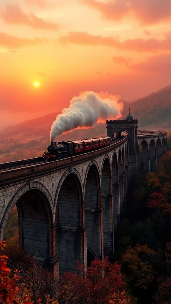 Antique Steam Train on Victorian Viaduct at Sunset