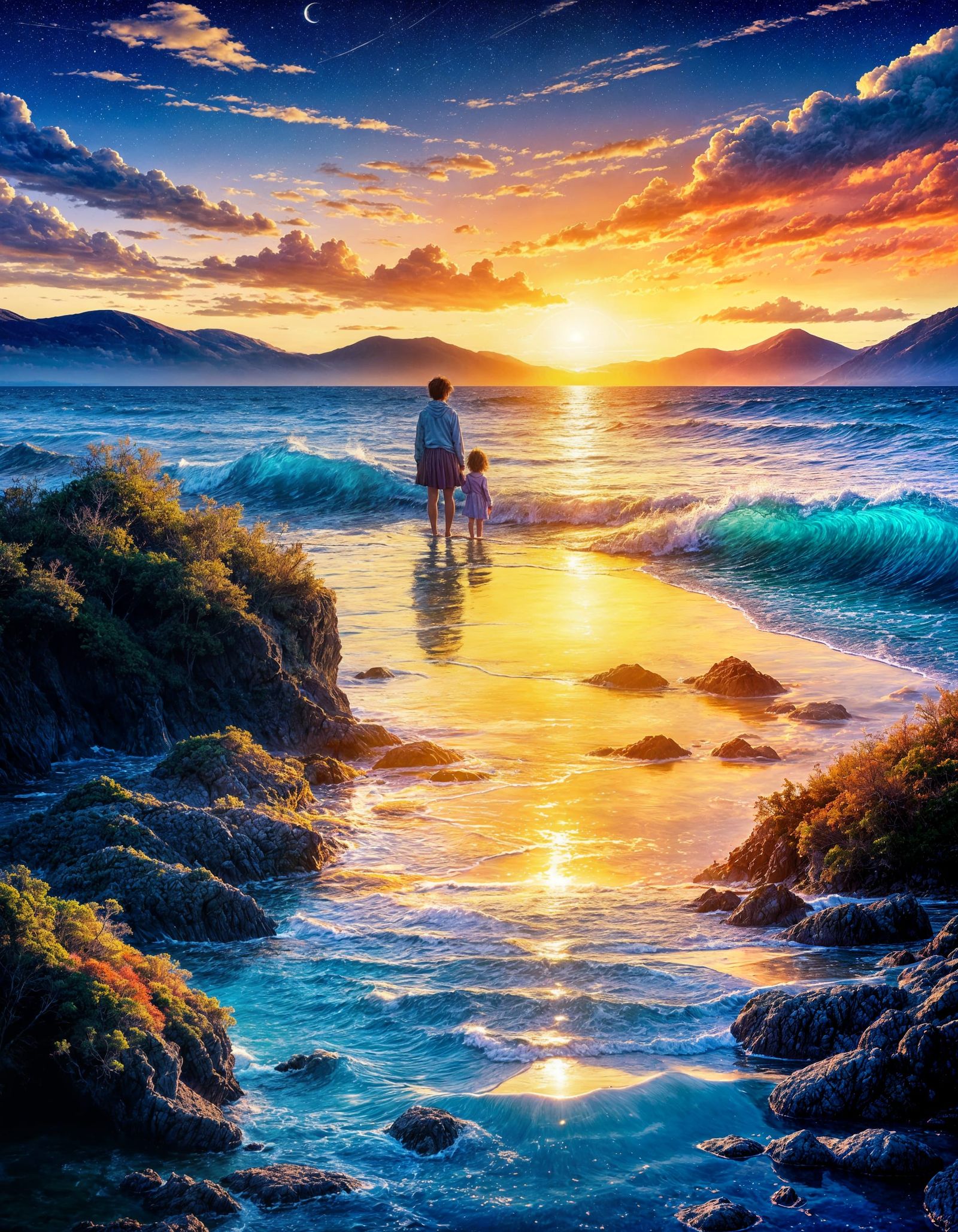 Anime Seascape at Sunset with Coastal City