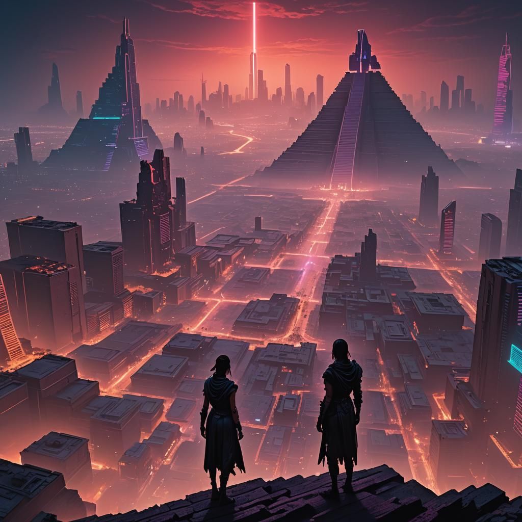 Cyberpunk Neon Skyscape over Mesoamerican Pyramid