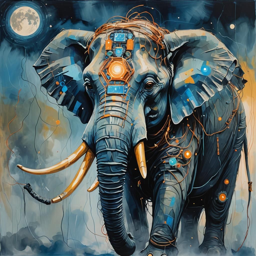 Electric Elephant Portrait in Expressionist Gouache Style