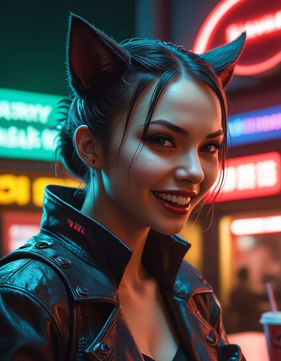 Cyberpunk Vampire Reveals Canine Fangs at Neon Noodle Cafe