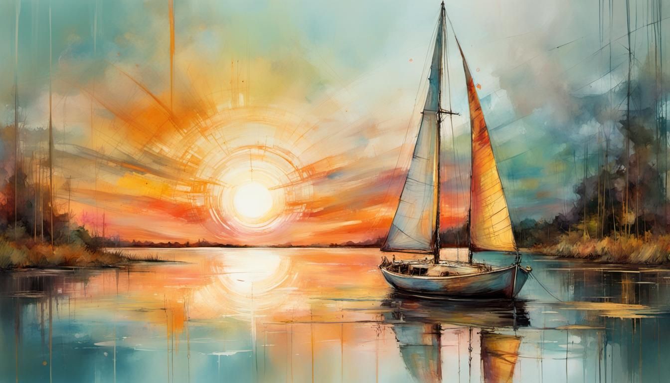 Sailboat on Lake at Sunset: Impressionistic Sketch