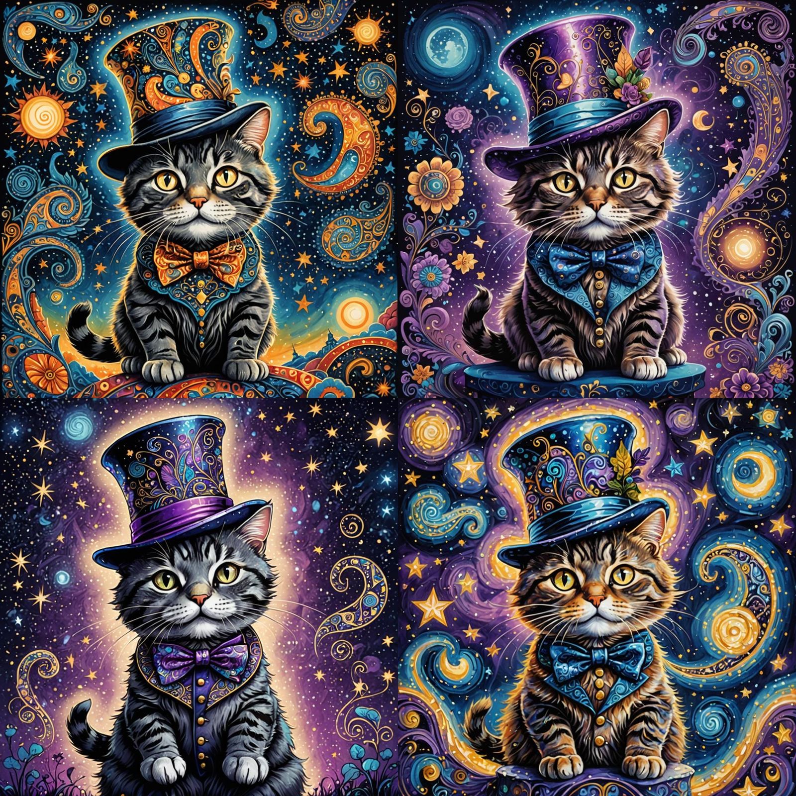 Cosmic Cat Mad Hatter in Starry Sky