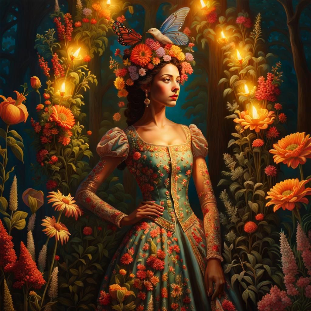 Sunset Woman in a Surreal Flower Forest Painting