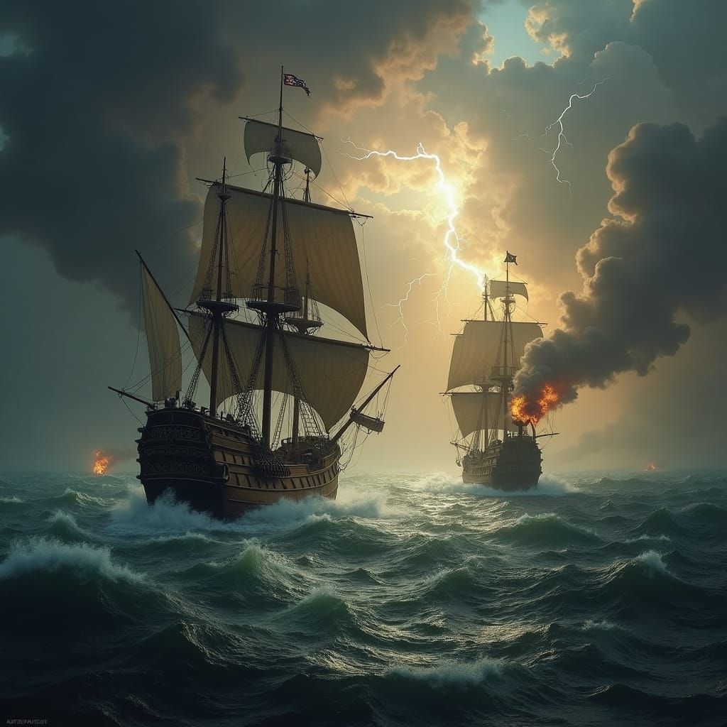 Pirate Battle Under Stormy Skies: Baroque Painting