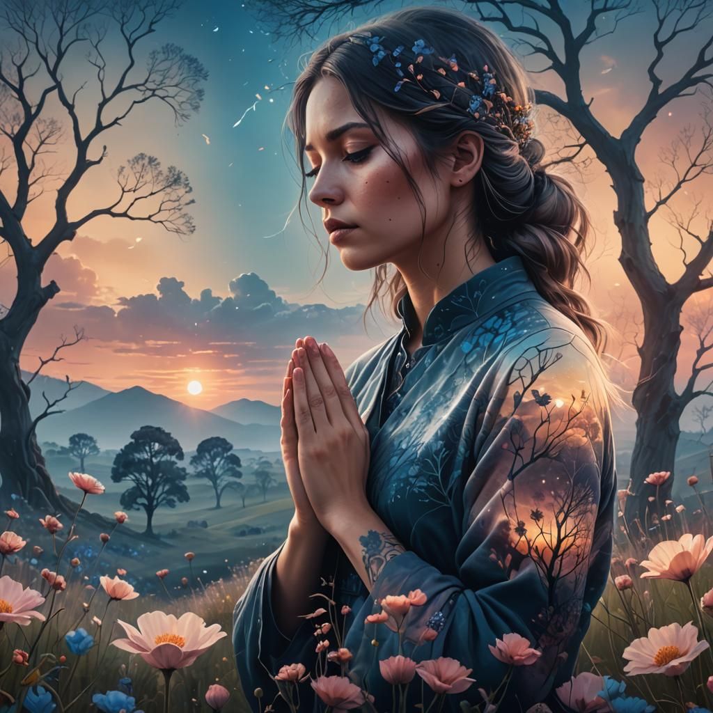 Girl in Prayer with Smoky Tattoos: Digital Matte Painting