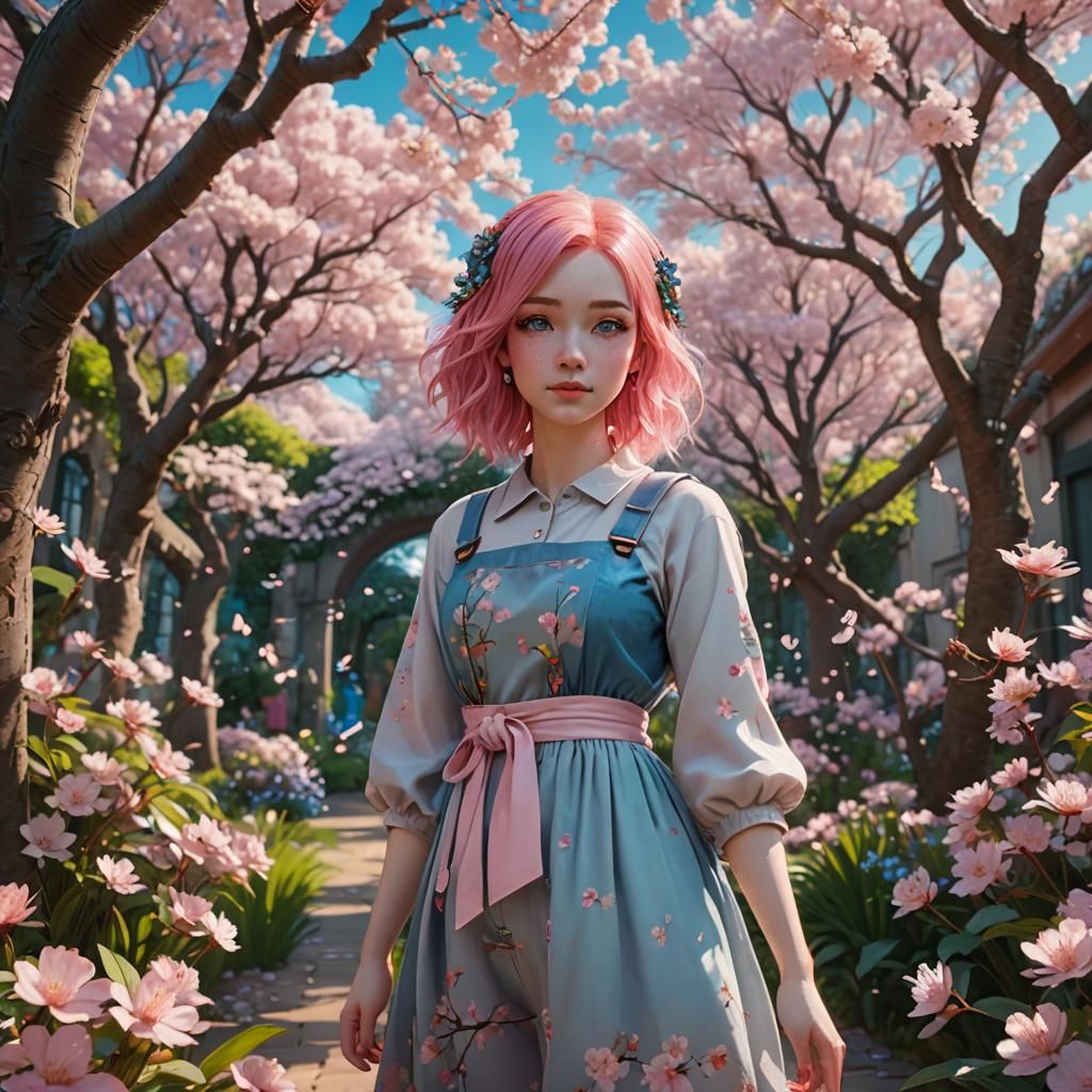 Kawaii Girl in Dreamy Garden, Detailed Matte Painting