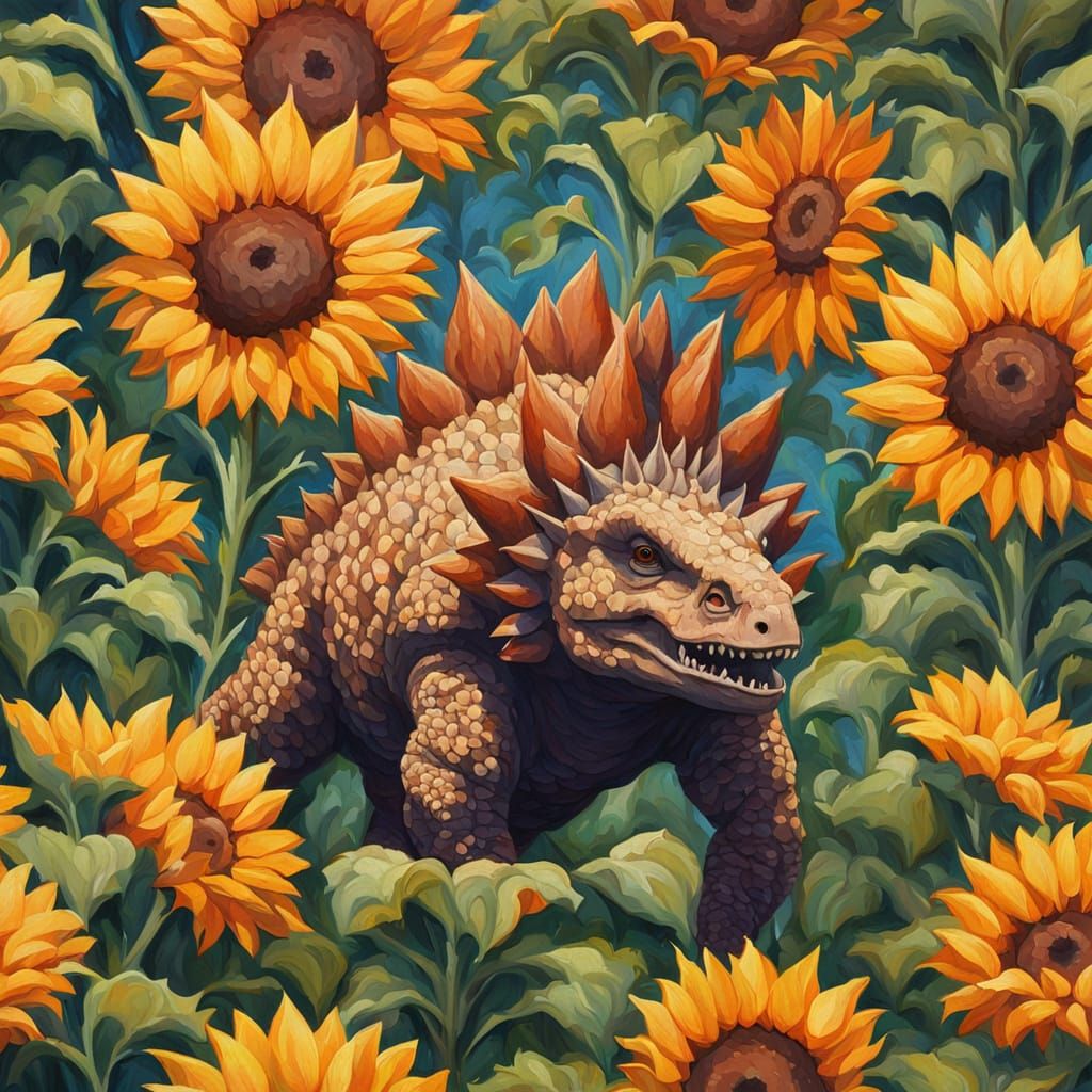 A Prehistoric Stegosaurus in a Bright Sunflower Meadow