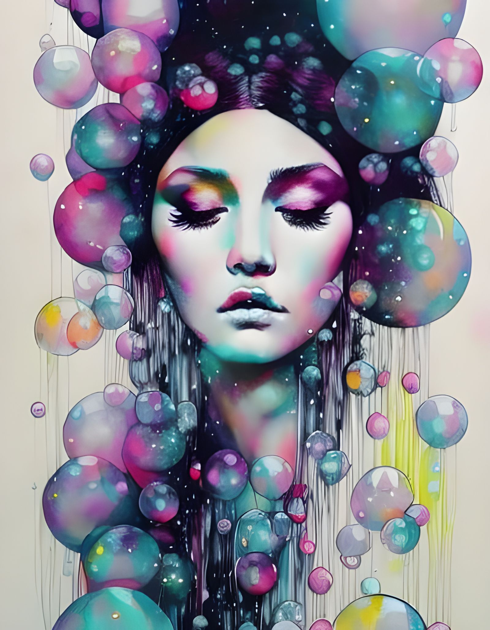 Woman Surrounded by Magical Bubbles, Watercolor Style