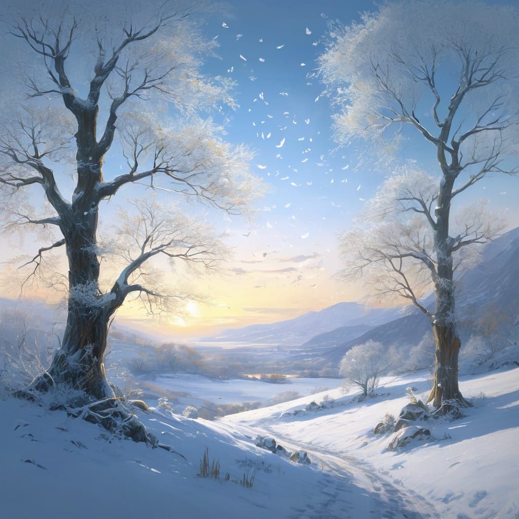 Ethereal Winter Scene in Golden Light with Divine Presence