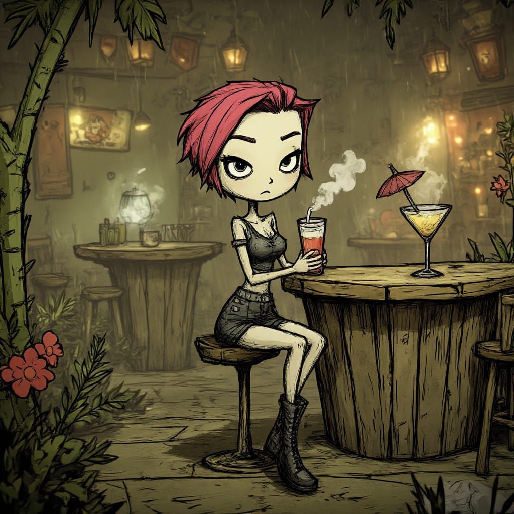 Neon Punk Goddess Sips Cocktail at Lush Tiki Bar