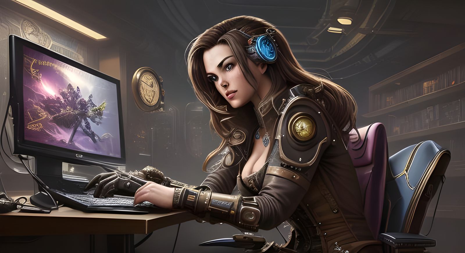futuristic gaming computer in steampunk