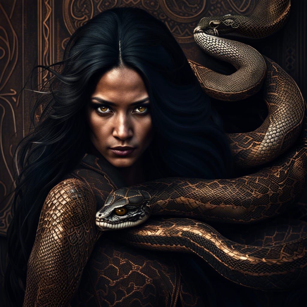 Hyperrealistic Woman with Snake Features and Copper Skin