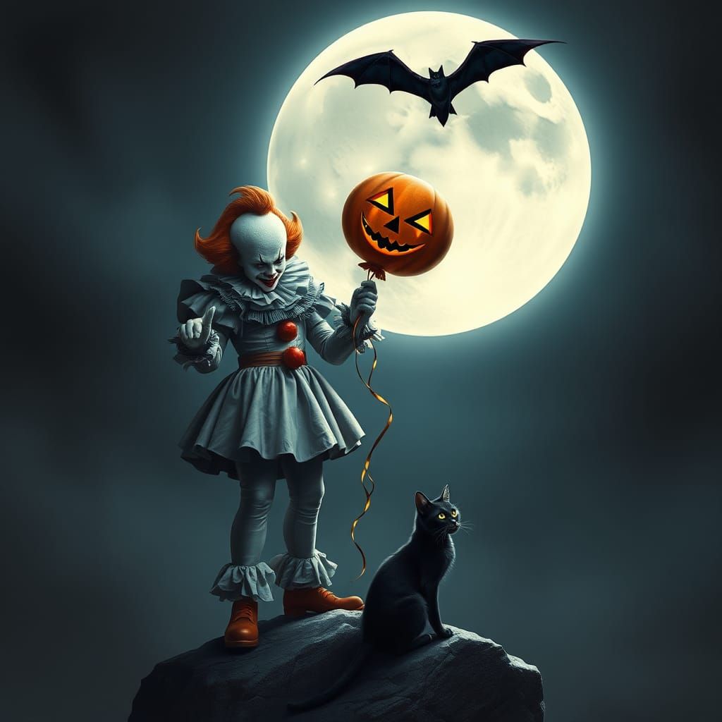 Pennywise holding a jack-o-lantern balloon in the full moon with a bat flying across the moon and a black cat sitting wa...