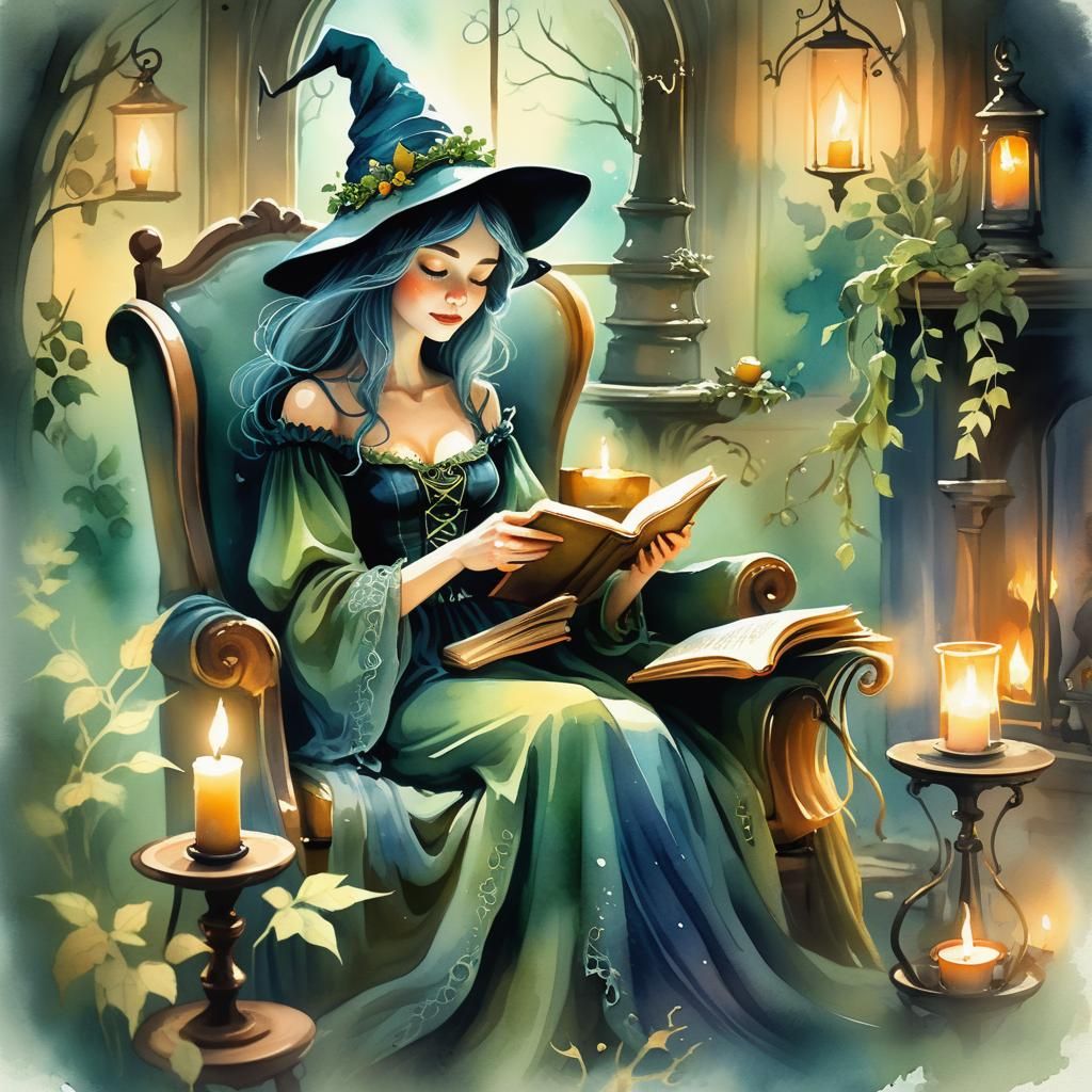 Mystical Witch Reading Book in Dreamy Watercolor Style