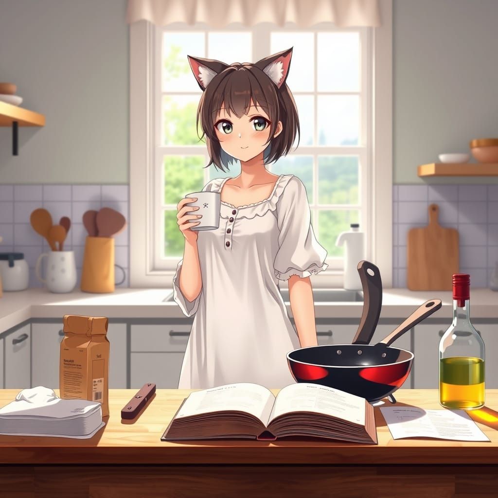 Anime Woman in Morning Kitchen with Cat Ears