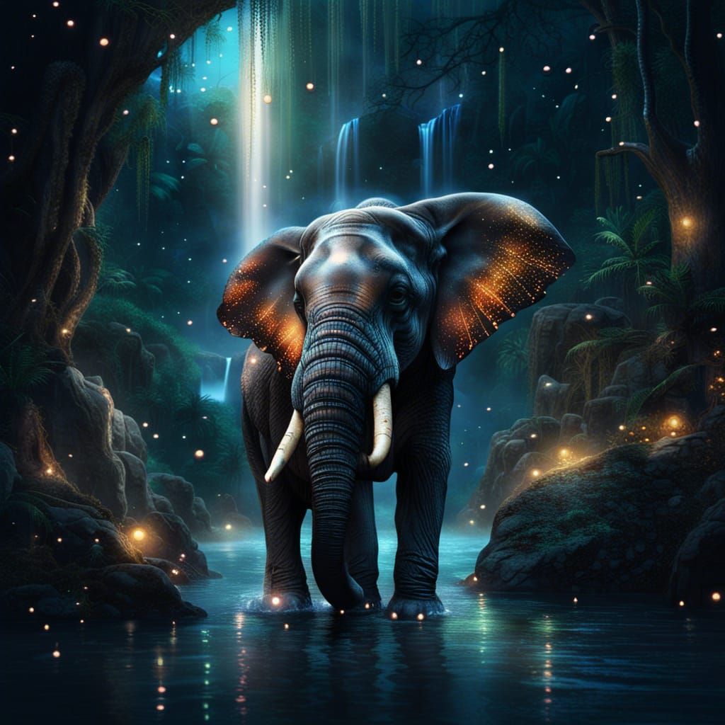 Glittering Elephant and Baby in Moonlight