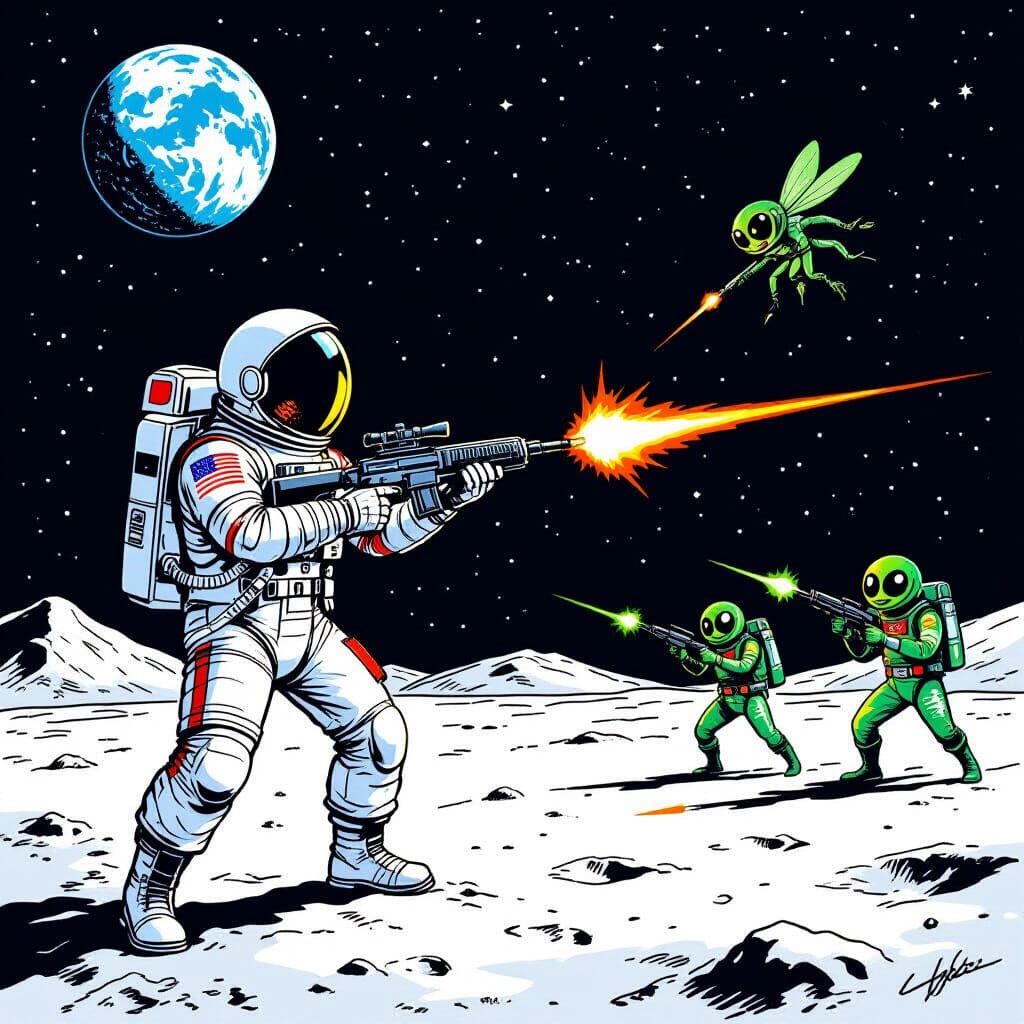 Astronaut Battles Aliens on the Moon in Retro Comic Style