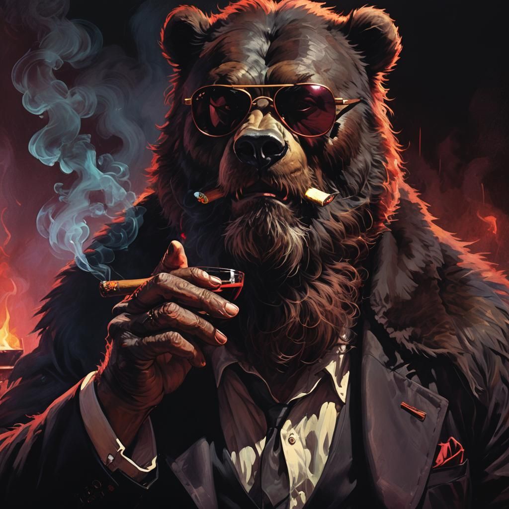 Intimidating Bear Sipping Wine in Dark Fantasy Style