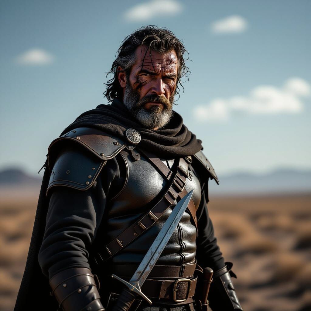 Grizzled Warrior Silhouetted Against Desolate Landscape
