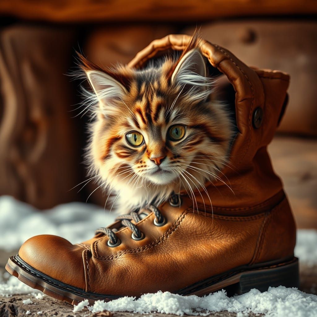 Fluffy Cat Peeking Out of Vintage Boot in Whimsical Winter S...