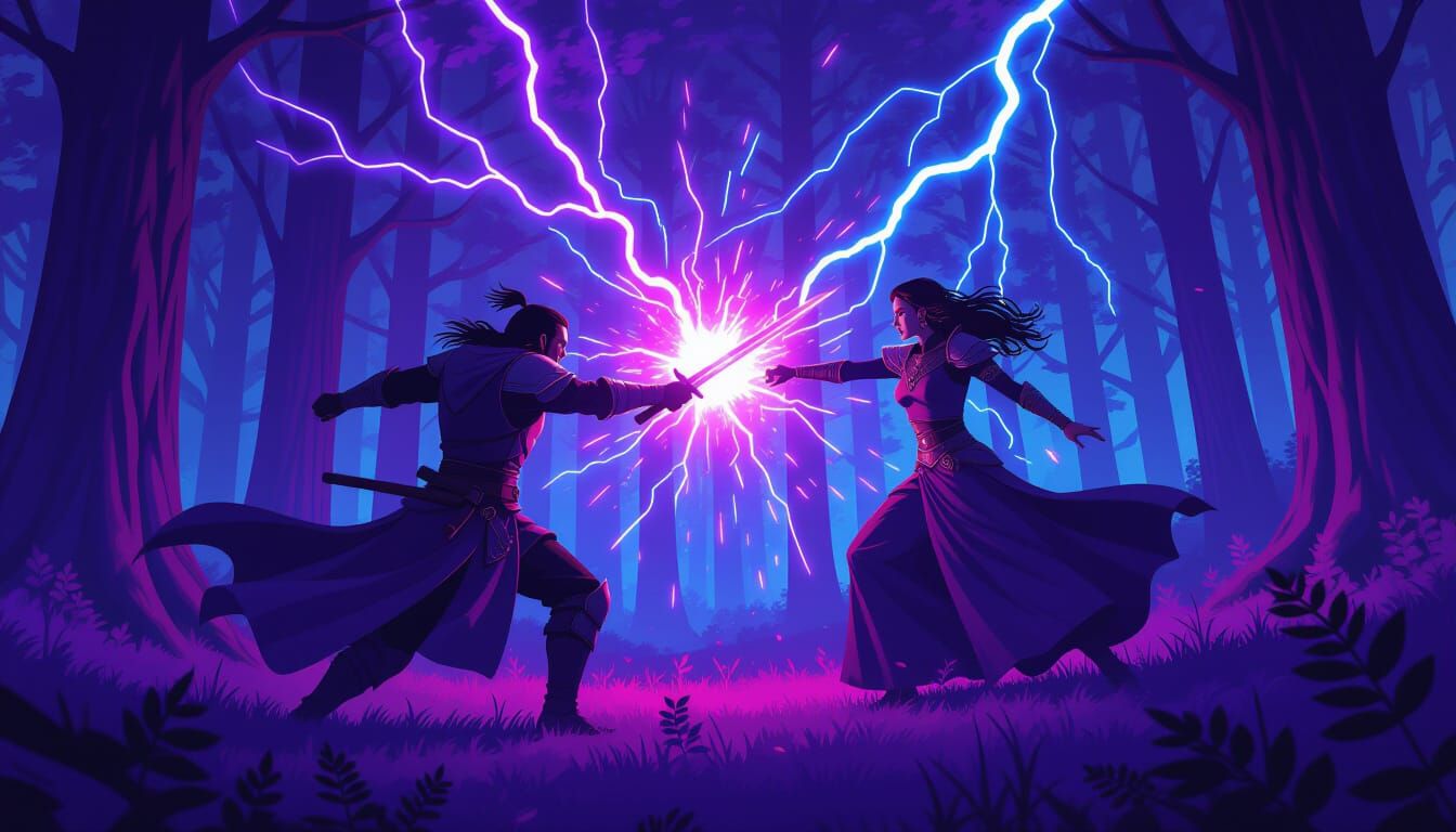 Heroic Warrior vs Sorceress in Electric Purple Forest
