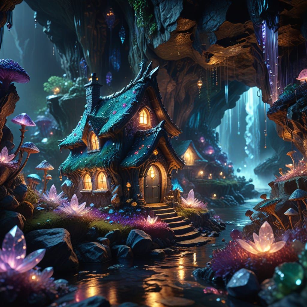 Hidden Crystal Fairy Cottage by Waterfalls in Geode Cave
