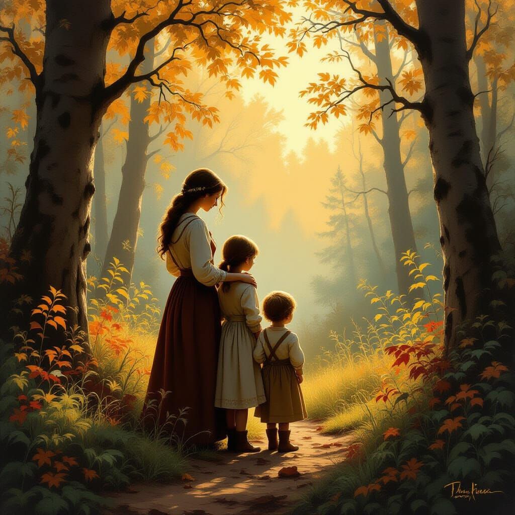 Rustic Family in Golden Woods, Whimsical Woodland Art