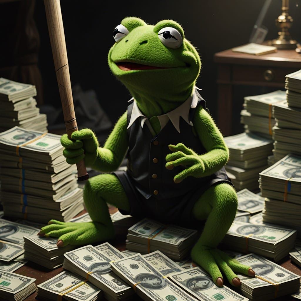 Kermit the Frog Guards Money Pile with Baseball Bat