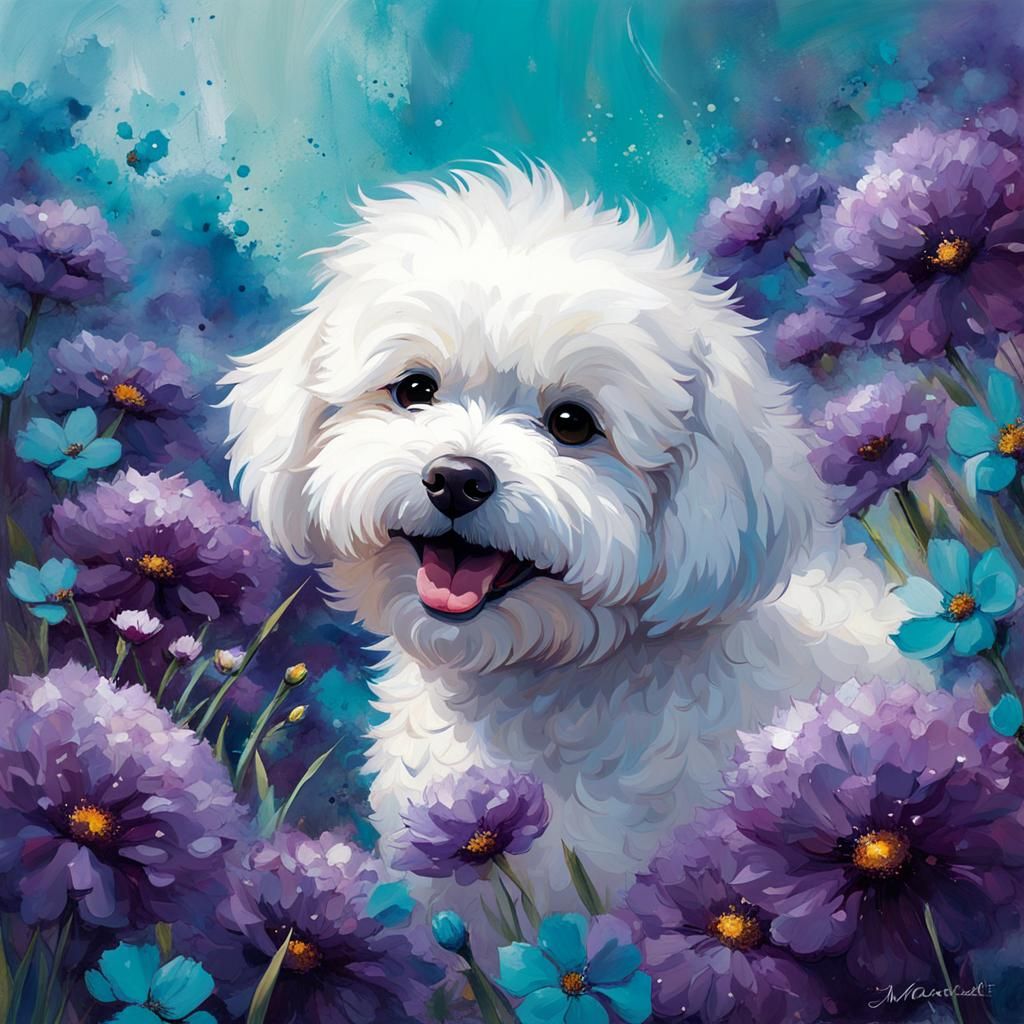 Smiling Bichon Frise in Oil Painting Style