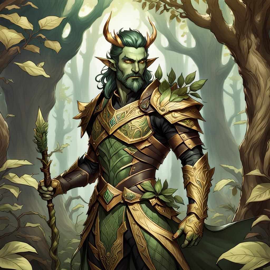 Handsome Male Dryad in Leather Armor with Earthy, Golden Acc...