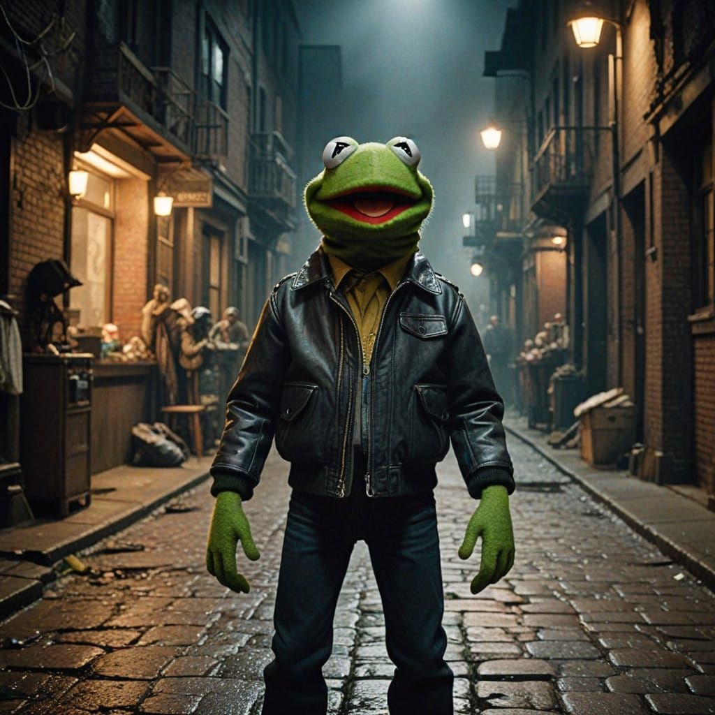 Sci-Fi Frog Muppet Standoff in a Smoky Alleyway