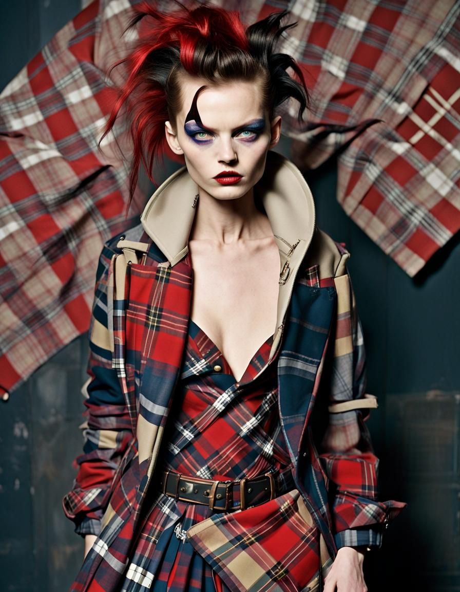 Art by Vivienne Westwood, punk-inspired fashion scene, characters clad in bold, rebellious plaid attire, mixing traditio...