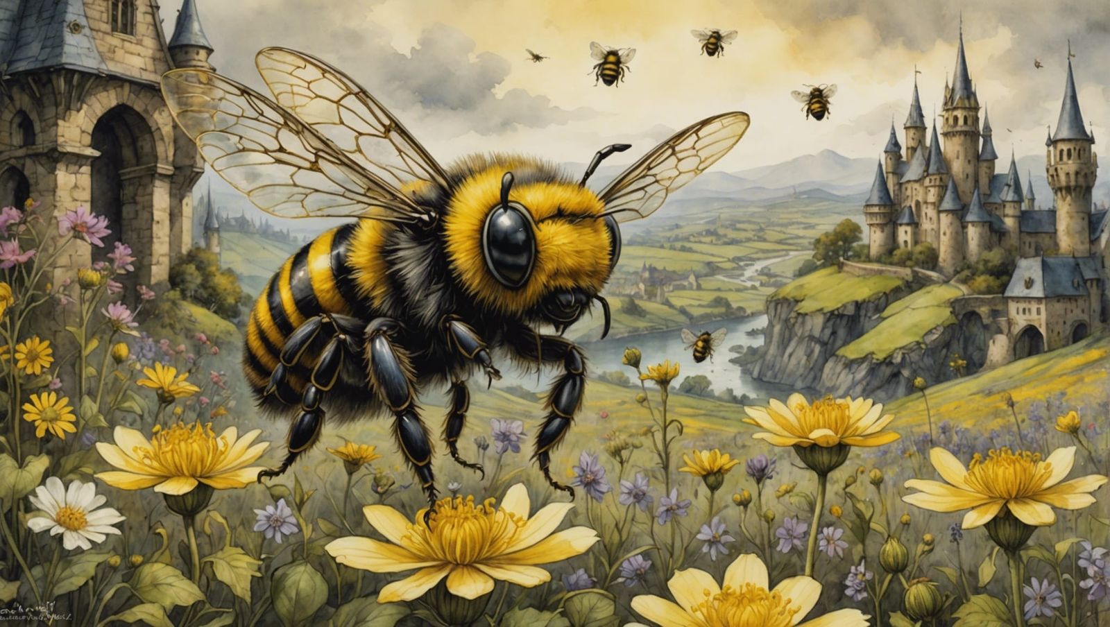 Steampunk Bumble Bee in Medieval Landscape