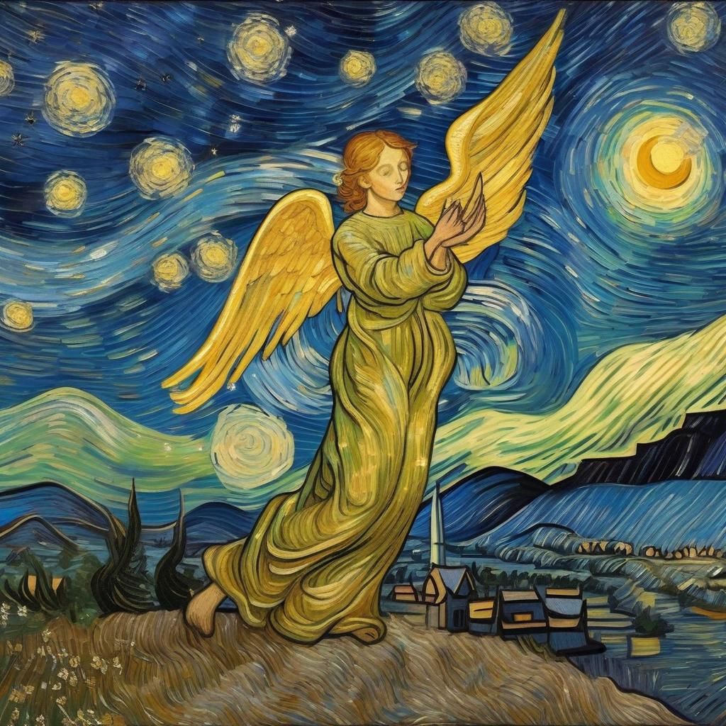 Celestial Angel Shimmers in Starry Van Gogh Night