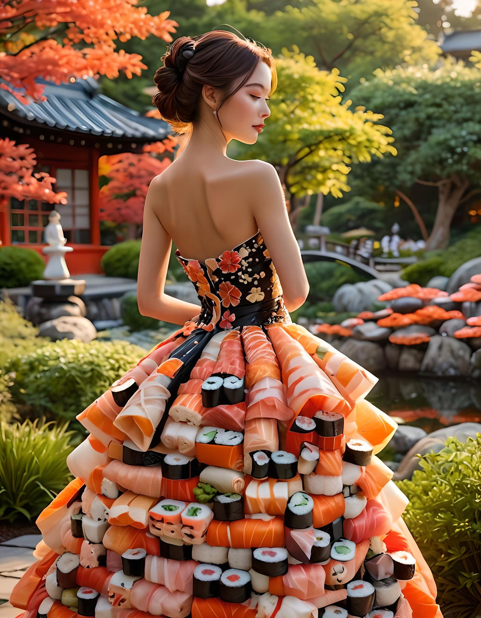 Sushi Couture in Japanese Garden, Digital Art