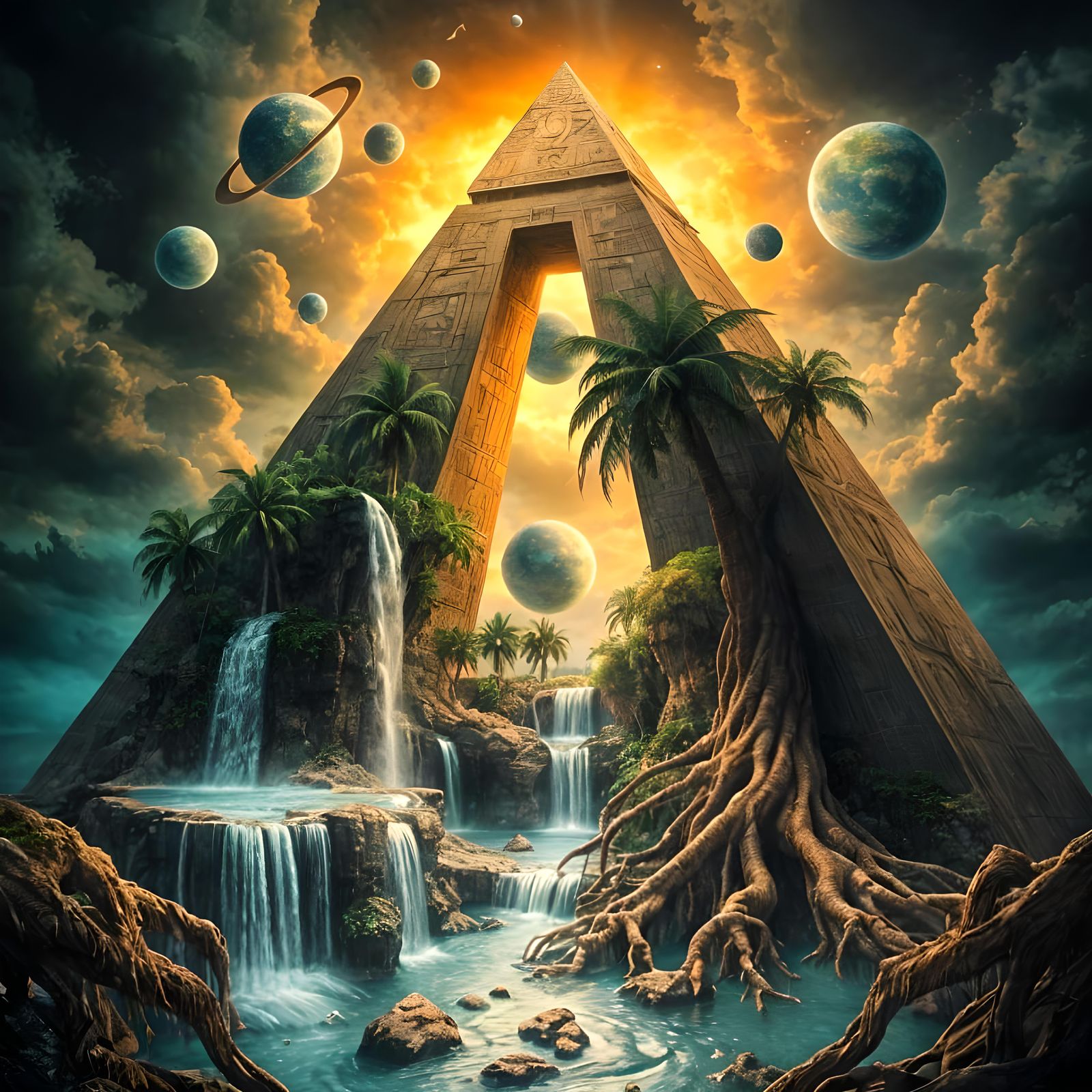 Surreal Pyramid Reveals a Cosmic Palm Tree World