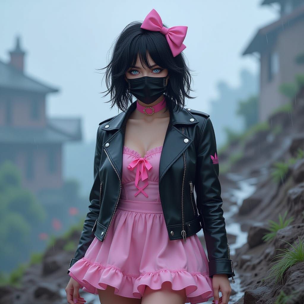 Teen Woman Walks Up Muddy Hill in Rain