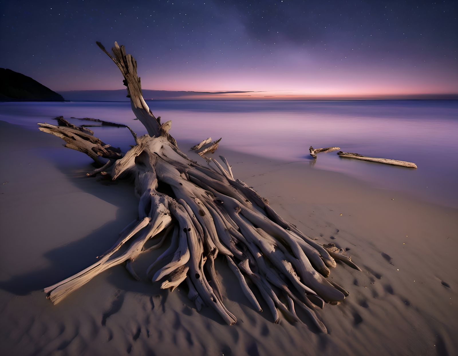 Night Beach Driftwood: Photorealistic Long Exposure